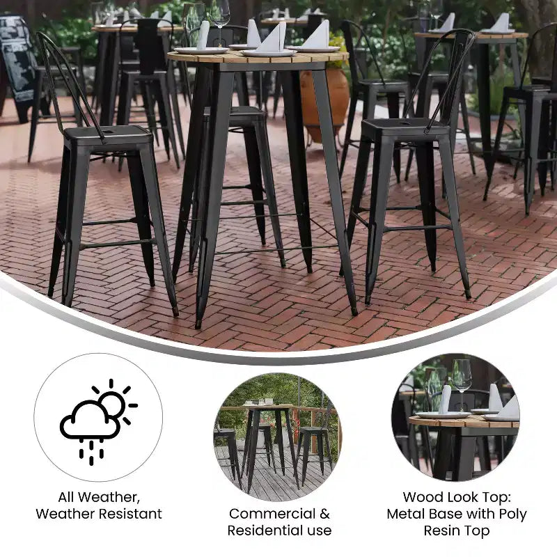 Table de bar intérieur/extérieur, plateau rond en polyrésine tout temps de 30 po avec base en acier