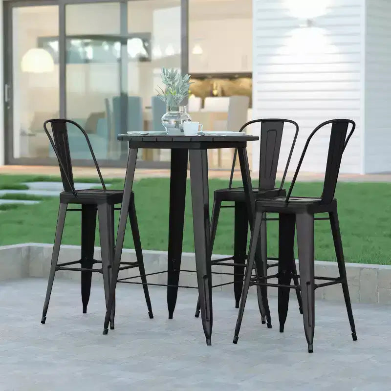 Table de bar intérieur/extérieur, plateau rond en polyrésine tout temps de 30 po avec base en acier