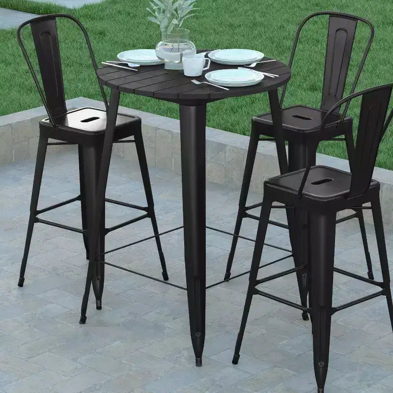 Table de bar intérieur/extérieur, plateau rond en polyrésine tout temps de 30 po avec base en acier