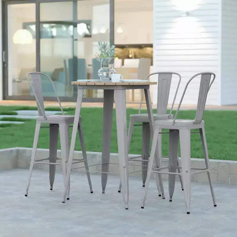 Table de bar intérieur/extérieur, plateau rond en polyrésine tout temps de 30 po avec base en acier