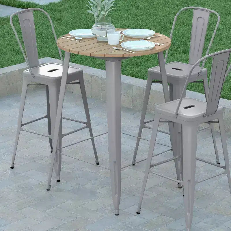 Table de bar intérieur/extérieur, plateau rond en polyrésine tout temps de 30 po avec base en acier