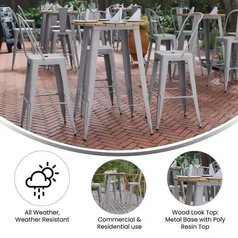 Table de bar intérieur/extérieur, plateau rond en polyrésine tout temps de 30 po avec base en acier