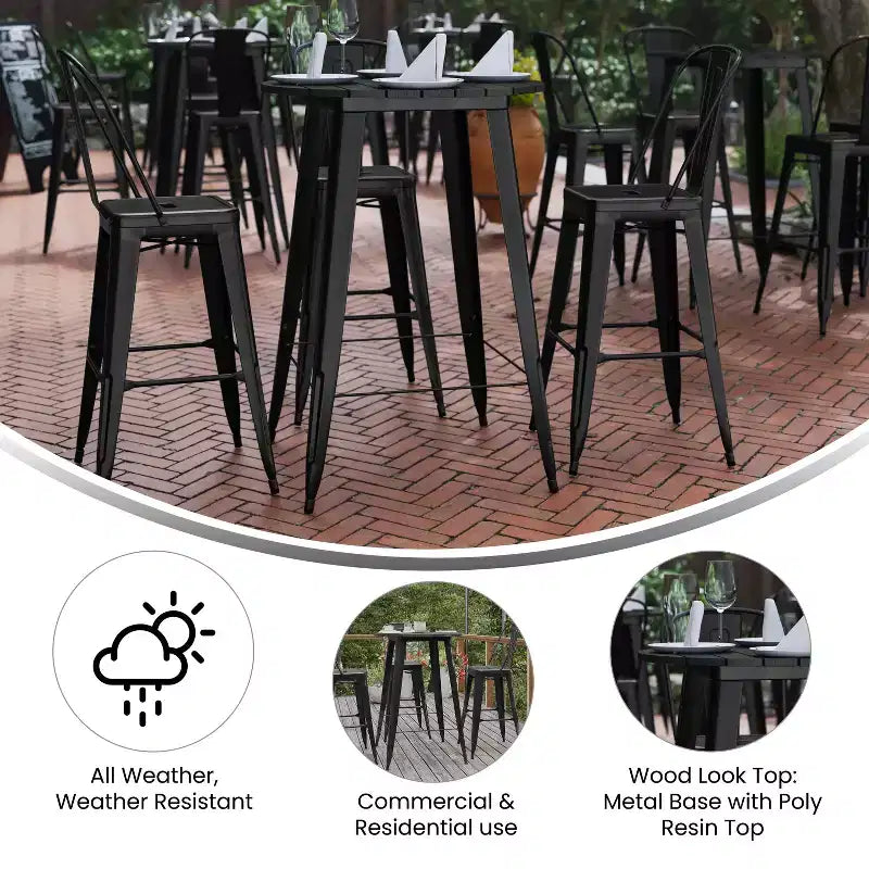 Table de bar intérieur/extérieur, plateau rond en polyrésine tout temps de 30 po avec base en acier