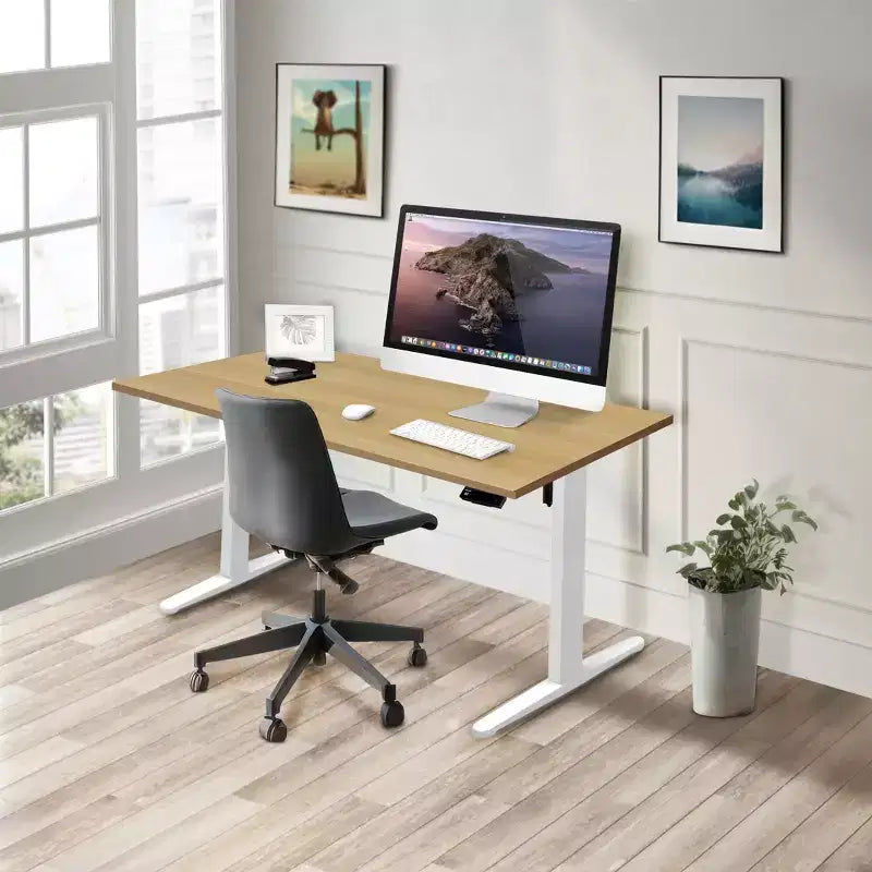 Bureau assis-debout électrique avec plateau – Blanc / Érable