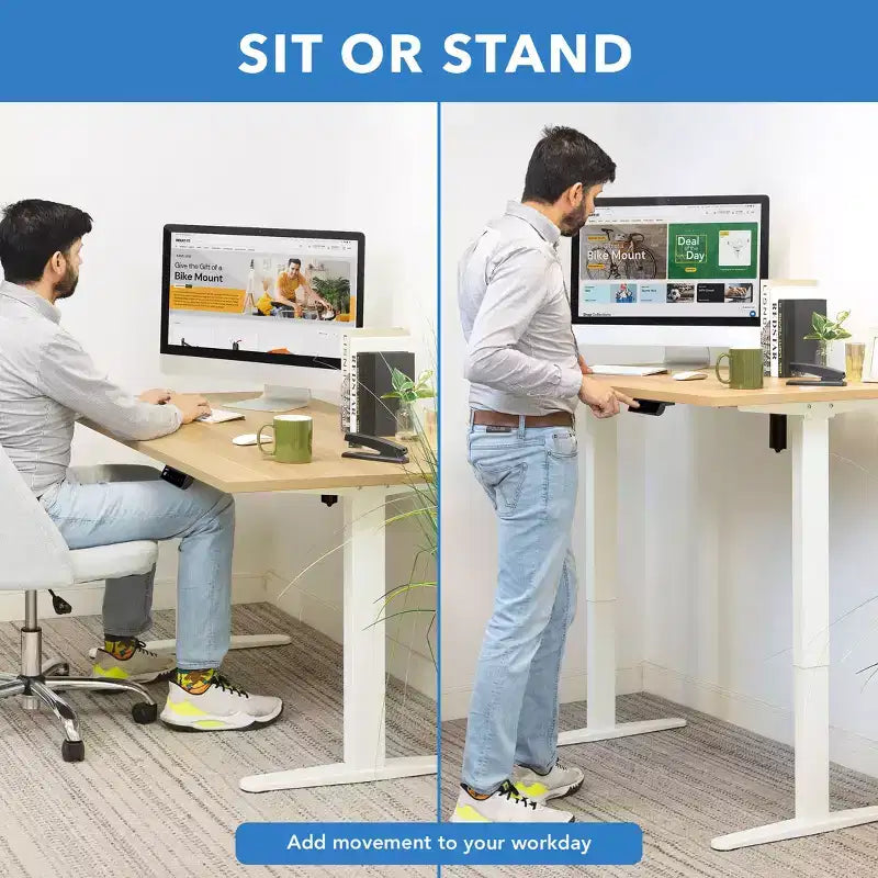 Bureau assis-debout électrique avec plateau – Blanc / Érable