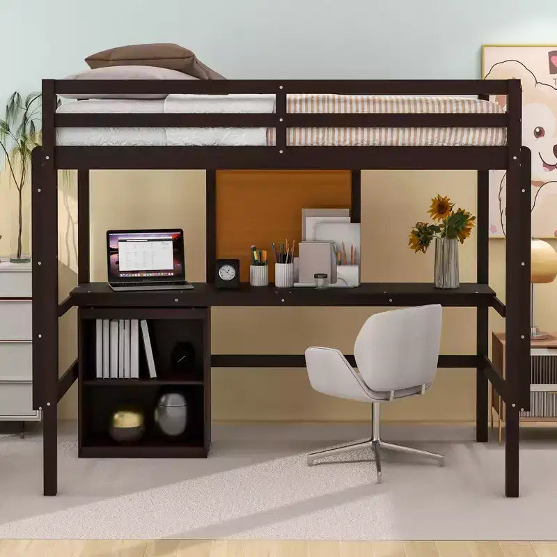 Wooden Loft Bed with Desk, Writing Board and 2 Drawers Cabinet - ModernLuxe