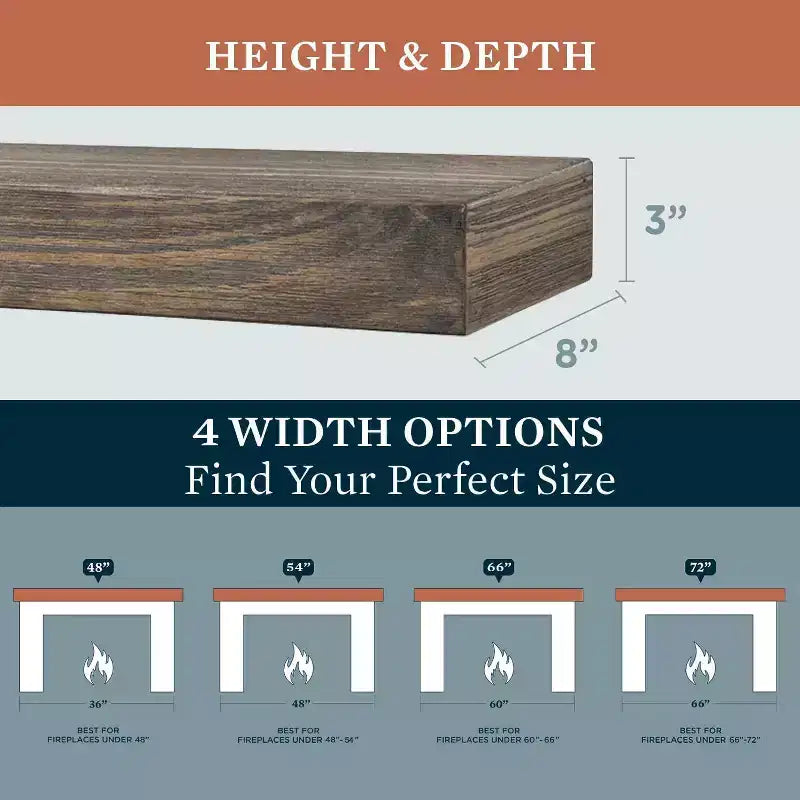 Modern Ember Vara Wood Mantel Shelf - Features Knots and Natural Distresssing