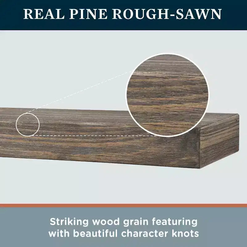 Modern Ember Vara Wood Mantel Shelf - Features Knots and Natural Distresssing