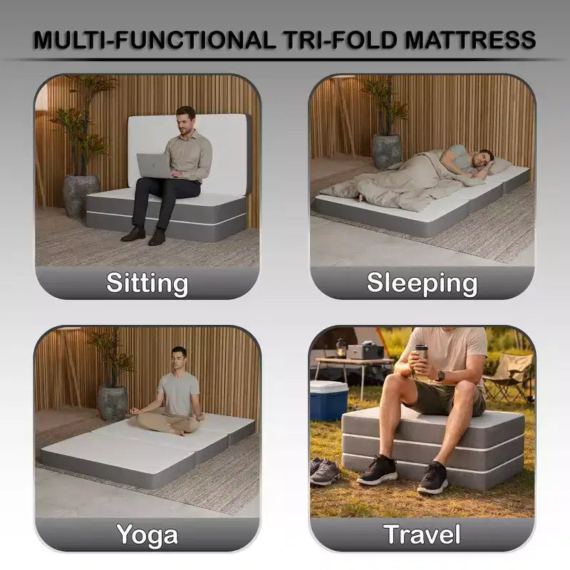 Continental Sleep 4 Portable Tri Folding Gel Memory Foam Mattress | Breathable Mesh Sides with Ultra Soft, Removable and Washable Cover.