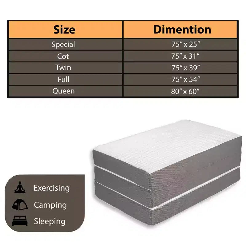 Continental Sleep 4 Portable Tri Folding Gel Memory Foam Mattress | Breathable Mesh Sides with Ultra Soft, Removable and Washable Cover.