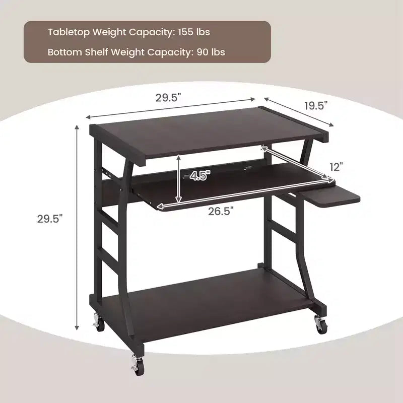 Costway 29.5'' Mobile Computer Desk Rolling Laptop Cart with Pull-out Keyboard Tray & Shelf