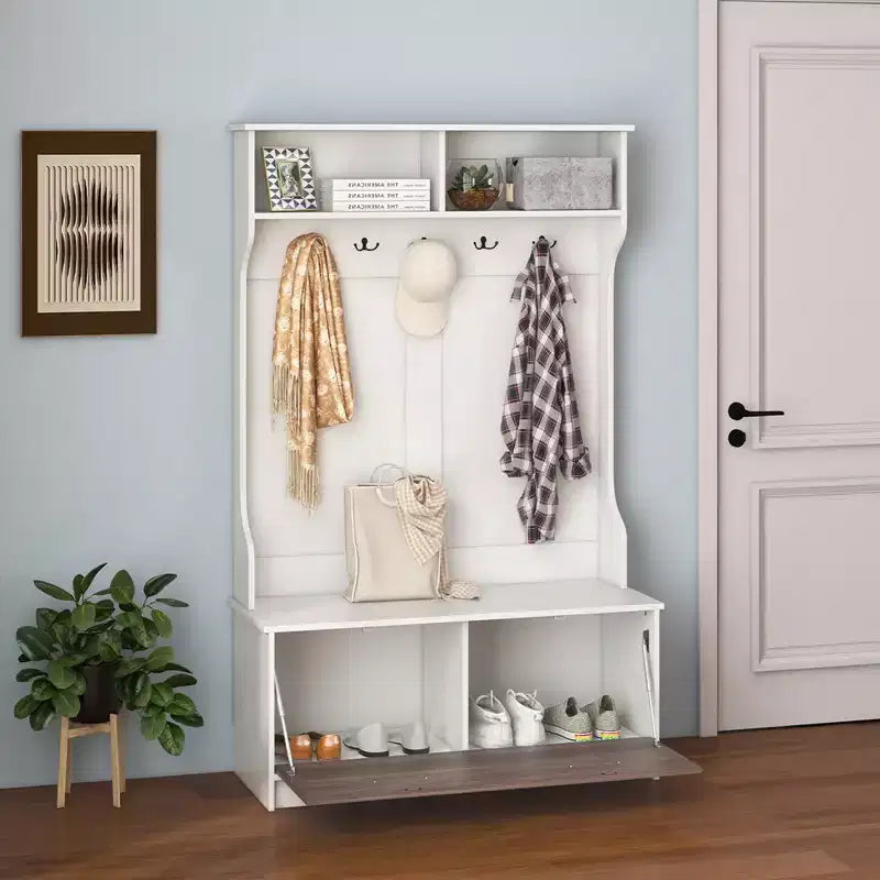 Porte-manteau d'entrée de 160 cm avec patères et banc de rangement Porte-manteau multifonctionnel Noir/Blanc