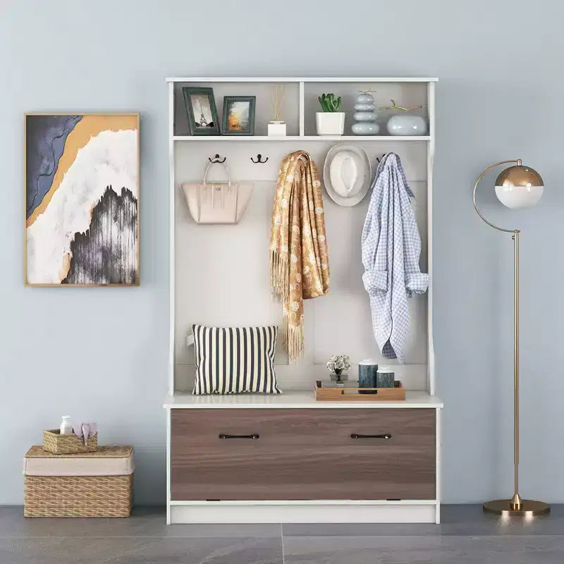 Porte-manteau d'entrée de 160 cm avec patères et banc de rangement Porte-manteau multifonctionnel Noir/Blanc