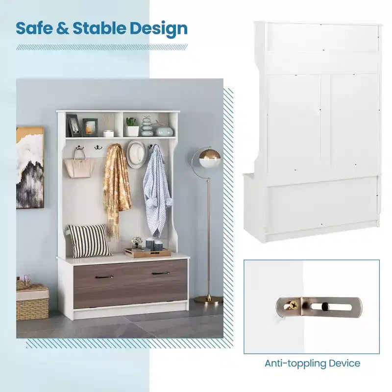 Porte-manteau d'entrée de 160 cm avec patères et banc de rangement Porte-manteau multifonctionnel Noir/Blanc