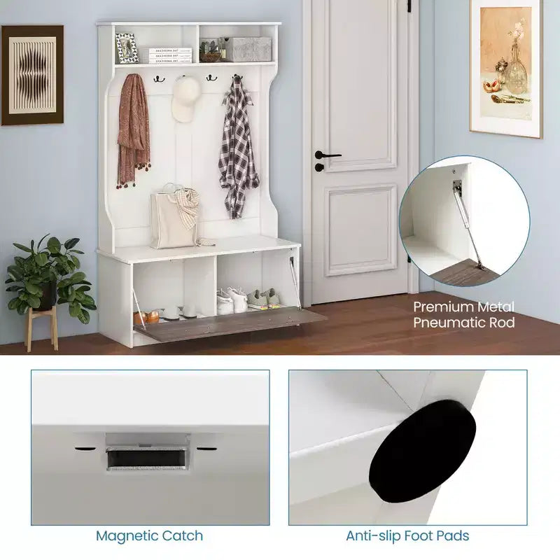 Porte-manteau d'entrée de 160 cm avec patères et banc de rangement Porte-manteau multifonctionnel Noir/Blanc
