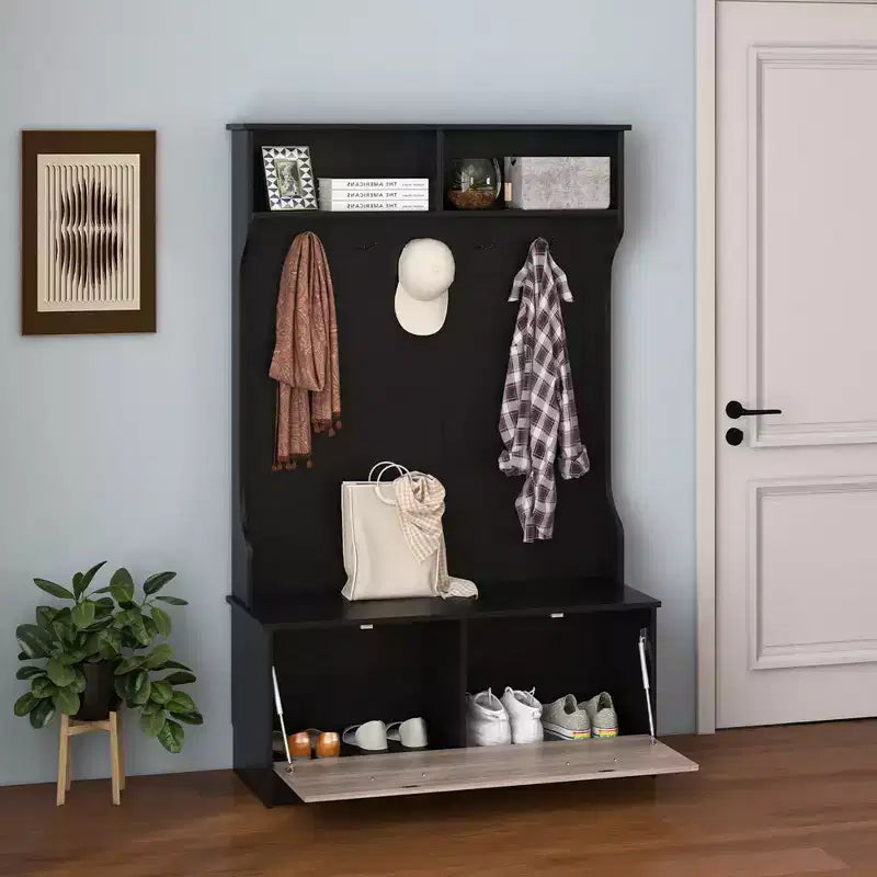 Porte-manteau d'entrée de 160 cm avec patères et banc de rangement Porte-manteau multifonctionnel Noir/Blanc