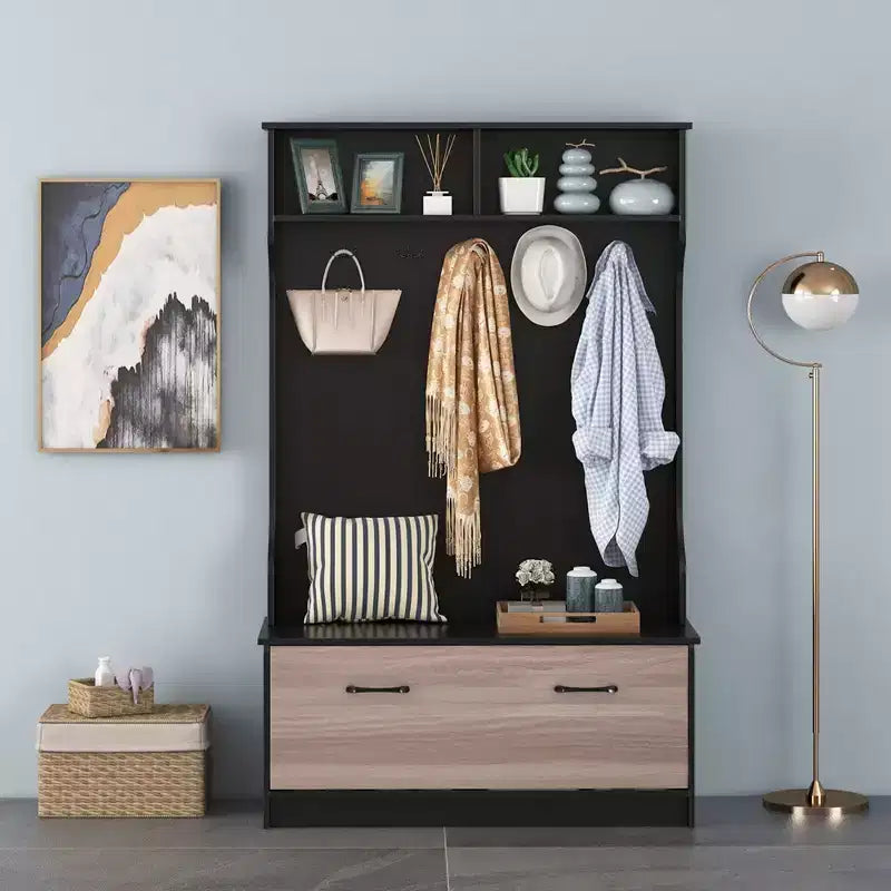 Porte-manteau d'entrée de 160 cm avec patères et banc de rangement Porte-manteau multifonctionnel Noir/Blanc