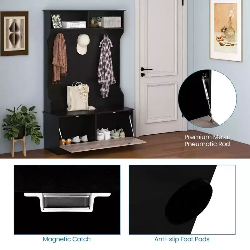 Porte-manteau d'entrée de 160 cm avec patères et banc de rangement Porte-manteau multifonctionnel Noir/Blanc