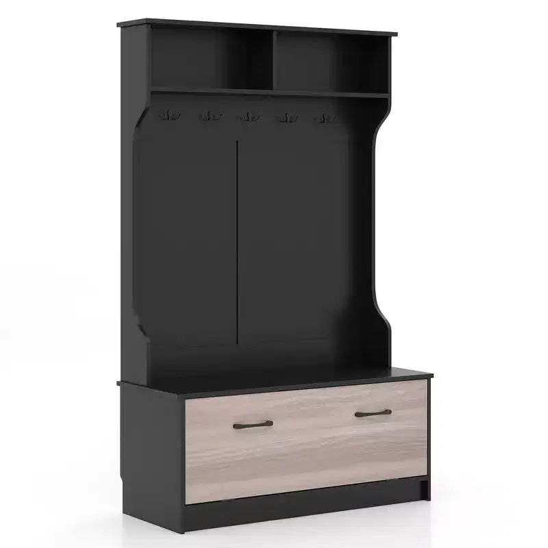 Porte-manteau d'entrée de 160 cm avec patères et banc de rangement Porte-manteau multifonctionnel Noir/Blanc