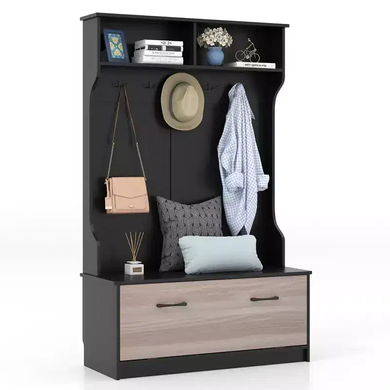 Costway 63 Inches Hall Tree with Coat Rack and Storage Bench Multifunctional Coat Rack Black/White