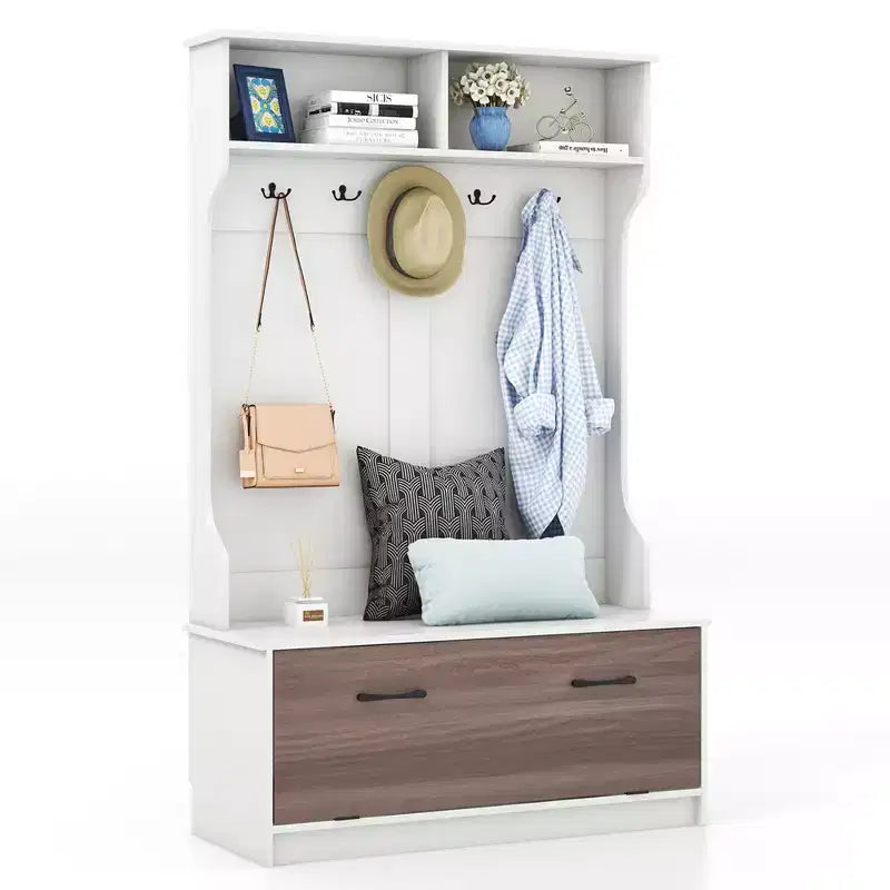 Porte-manteau d'entrée de 160 cm avec patères et banc de rangement Porte-manteau multifonctionnel Noir/Blanc