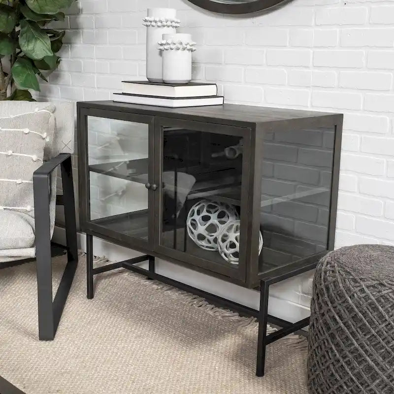 Arelius Light Brown Solid Wood w/ Black Iron Frame & 2 Glass Doors Accent Cabinet - 36.0L x 18.0W x 32.0H