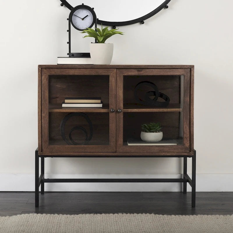 Arelius Light Brown Solid Wood w/ Black Iron Frame & 2 Glass Doors Accent Cabinet - 36.0L x 18.0W x 32.0H
