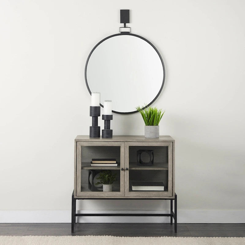 Arelius Light Brown Solid Wood w/ Black Iron Frame & 2 Glass Doors Accent Cabinet - 36.0L x 18.0W x 32.0H