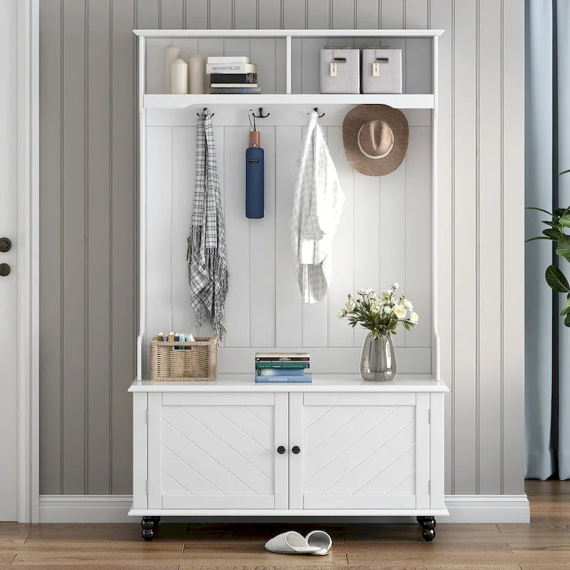 Hall Tree with 4 Hooks , Coat Hanger, Entryway Bench, Storage Bench, 3-in-1 Design, 40INCH, for Entrance, Hallway