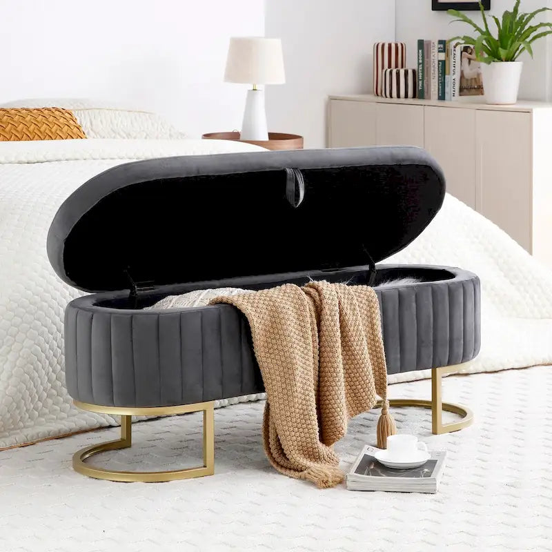 Storage Bench Bedroom Bench,Velvet Oval Upholstered End of Bed Bench with Golden Metal Legs,50 Storage Ottoman Bench