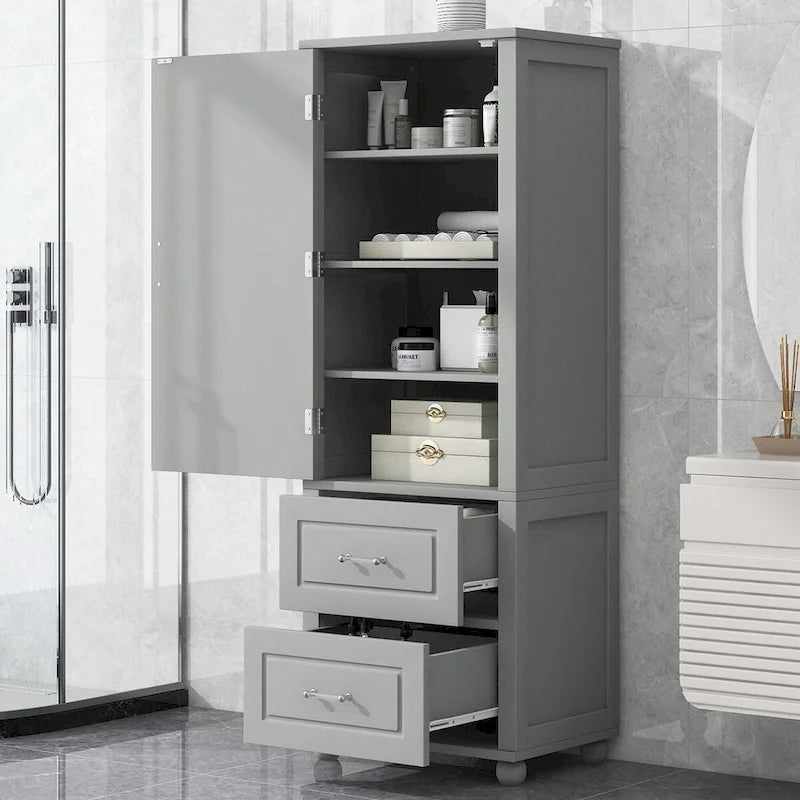 Tall Freestanding Bathroom Storage Cabinet with Two Drawers and Adjustable Shelf
