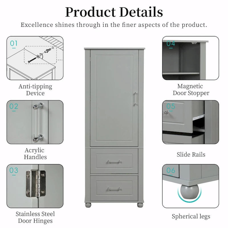 Tall Freestanding Bathroom Storage Cabinet with Two Drawers and Adjustable Shelf