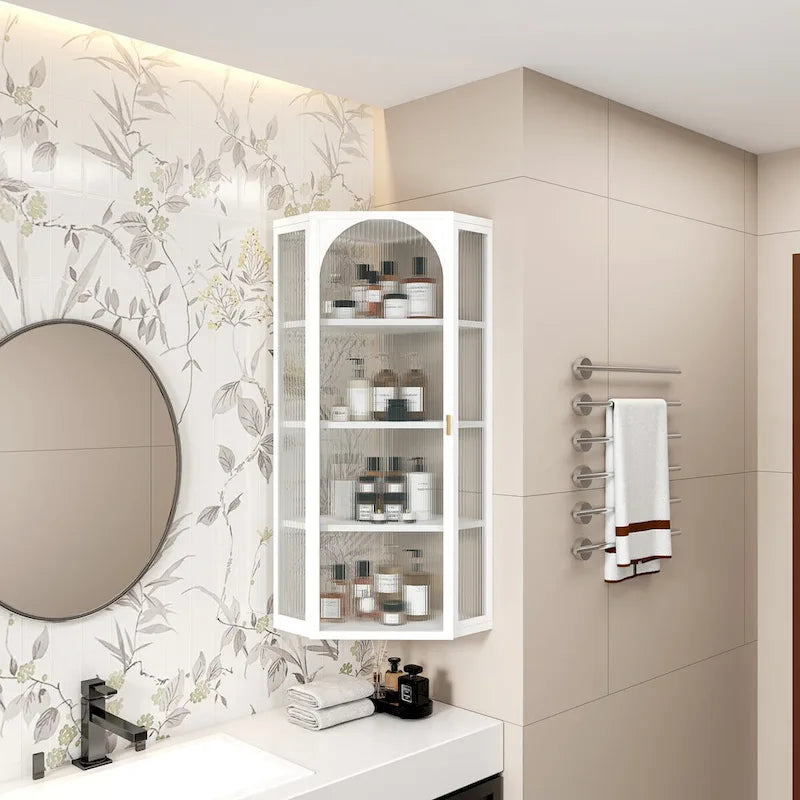 Roomfitters Glass Door Wall-Mounted Corner Cabinet with Four-Tier Storage - Ideal for Bedroom, Living Room, Bathroom, Kitchen