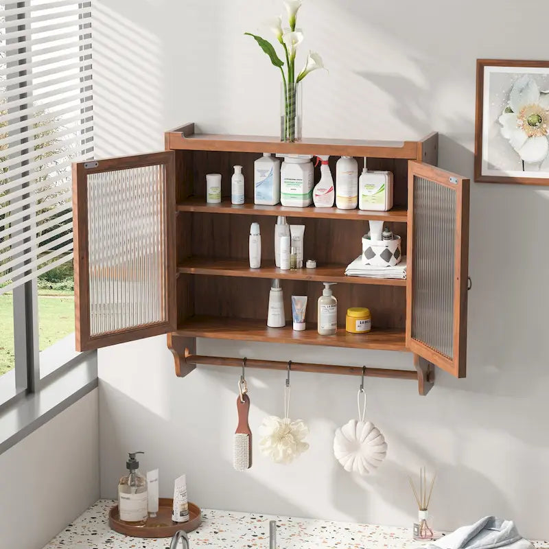 Roomfitters 24.8 Vintage Glass Door Wall Cabinet with Double Doors, Three-Tier Storage, and Towel Rack