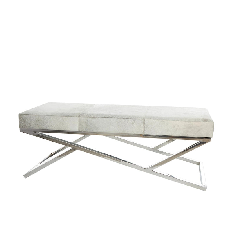 Leather Geometric Home Bench with Angled Silver Metal Base - Light Grey - Roche River Decor