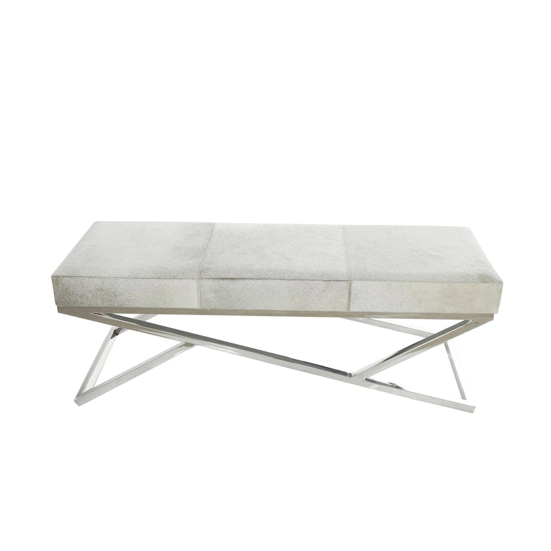 Leather Geometric Home Bench with Angled Silver Metal Base - Light Grey - Roche River Decor